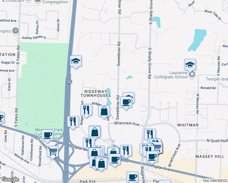 map of restaurants, bars, coffee shops, grocery stores, and more near 753 Sweetbrier Road in Memphis