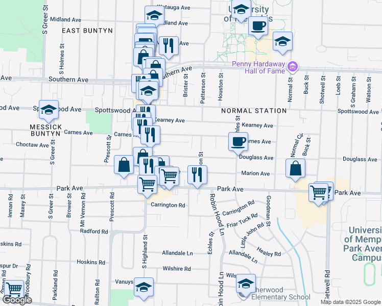 map of restaurants, bars, coffee shops, grocery stores, and more near 3577 Clayphil Avenue in Memphis
