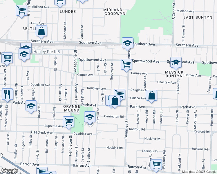 map of restaurants, bars, coffee shops, grocery stores, and more near 787 Goodwyn Street in Memphis