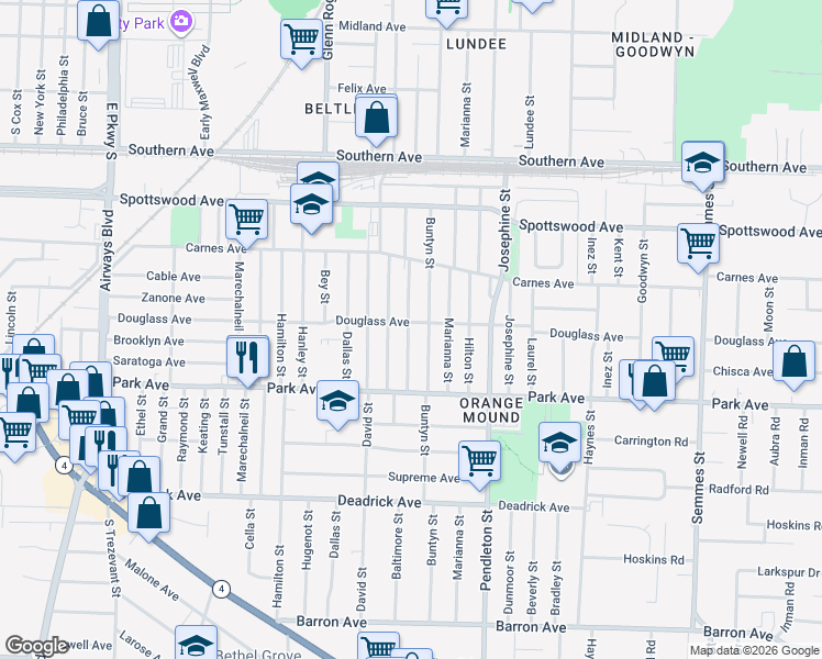 map of restaurants, bars, coffee shops, grocery stores, and more near 787 Baltimore Street in Memphis
