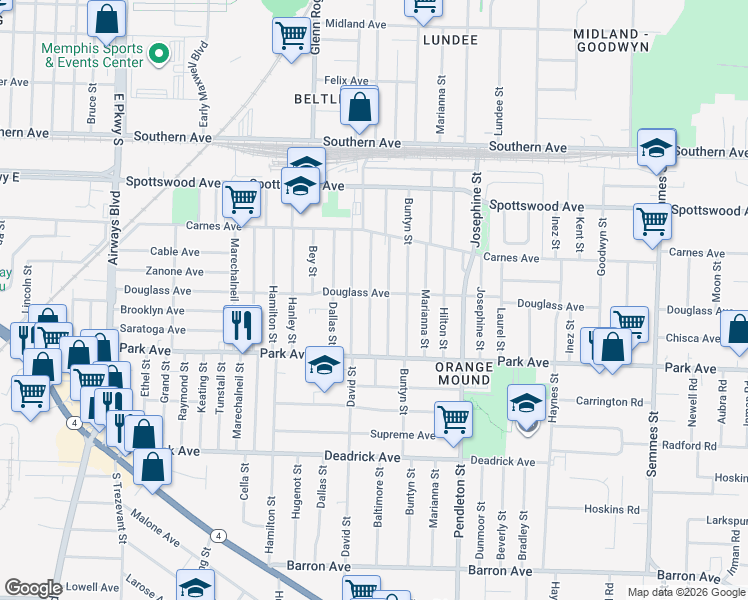 map of restaurants, bars, coffee shops, grocery stores, and more near 787 Baltimore Street in Memphis