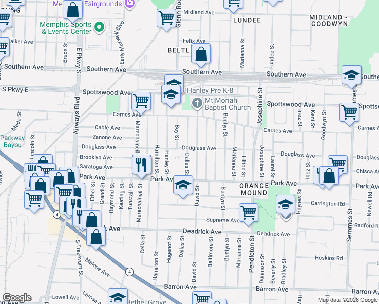 map of restaurants, bars, coffee shops, grocery stores, and more near 787 David Street in Memphis
