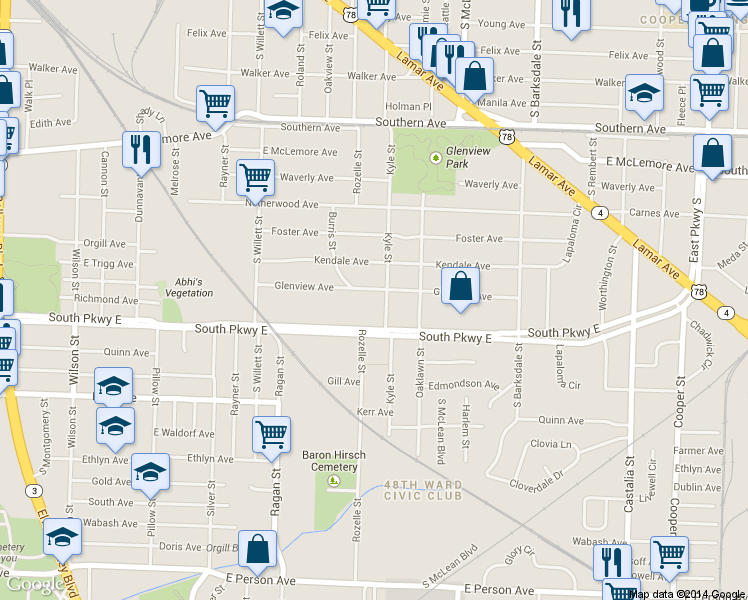 map of restaurants, bars, coffee shops, grocery stores, and more near 1691 Glenview Avenue in Memphis