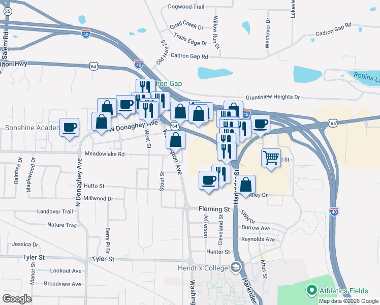 map of restaurants, bars, coffee shops, grocery stores, and more near 1622 Cherry Street in Conway