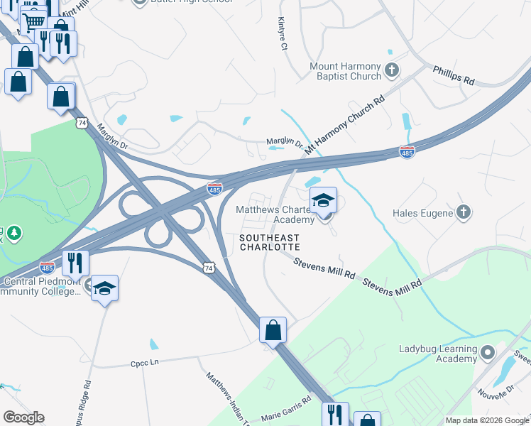 map of restaurants, bars, coffee shops, grocery stores, and more near 2307 Mount Harmony Church Road in Matthews