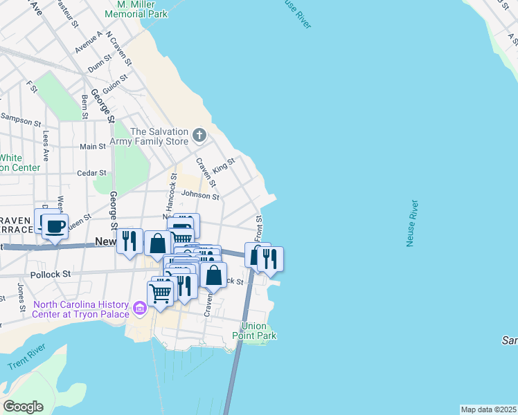 map of restaurants, bars, coffee shops, grocery stores, and more near 514 East Front Street in New Bern