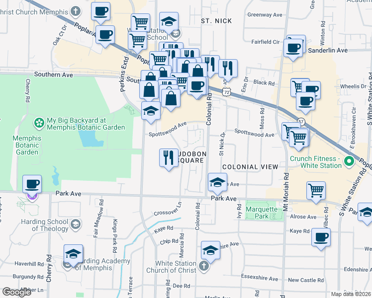 map of restaurants, bars, coffee shops, grocery stores, and more near 4745 Gladeside Drive in Memphis