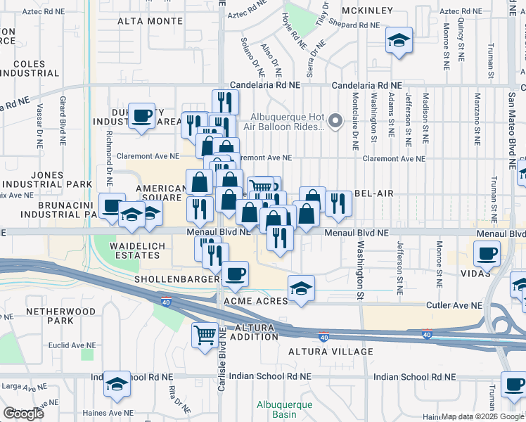 map of restaurants, bars, coffee shops, grocery stores, and more near 3821 Menaul Boulevard Northeast in Albuquerque