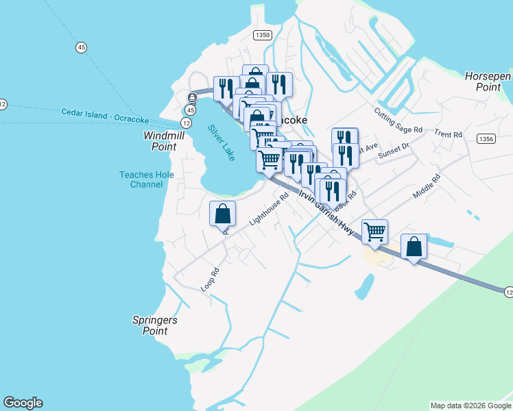 map of restaurants, bars, coffee shops, grocery stores, and more near 116 Lighthouse Road in Ocracoke
