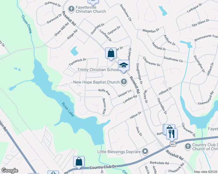 map of restaurants, bars, coffee shops, grocery stores, and more near 3529 Torbay Drive in Fayetteville