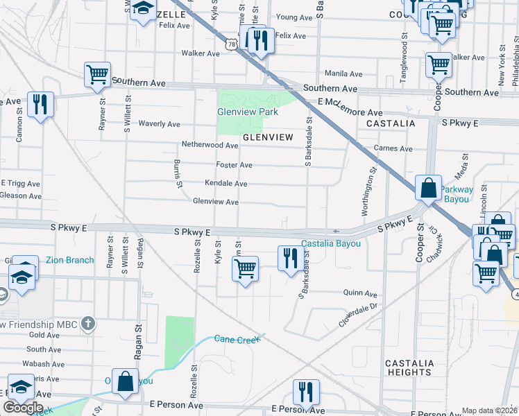 map of restaurants, bars, coffee shops, grocery stores, and more near 1788 Glenview Avenue in Memphis