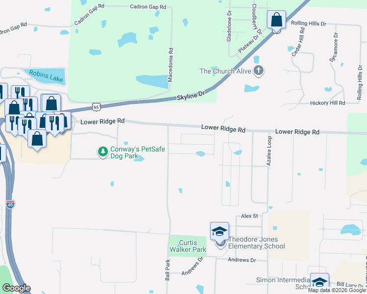 map of restaurants, bars, coffee shops, grocery stores, and more near 132 Lower Ridge Road in Conway