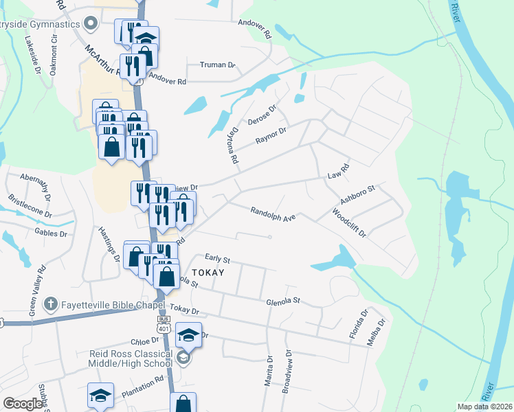 map of restaurants, bars, coffee shops, grocery stores, and more near 213 Randolph Avenue in Fayetteville