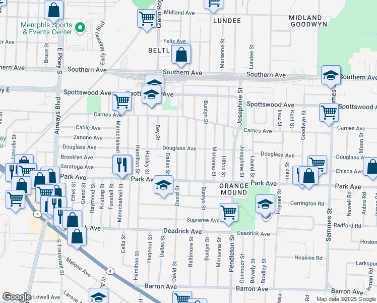 map of restaurants, bars, coffee shops, grocery stores, and more near 787 Baltimore Street in Memphis