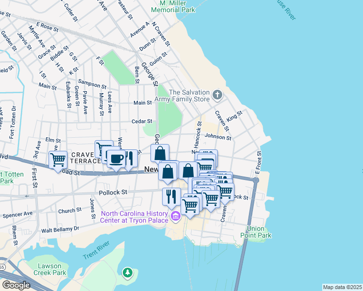 map of restaurants, bars, coffee shops, grocery stores, and more near 508 Metcalf Street in New Bern