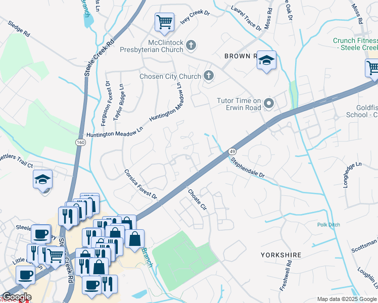 map of restaurants, bars, coffee shops, grocery stores, and more near 12934 Sickles Drive in Charlotte