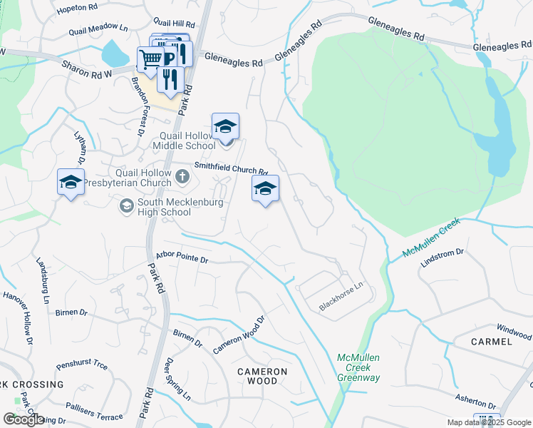 map of restaurants, bars, coffee shops, grocery stores, and more near 3200 Smithfield Church Road in Charlotte
