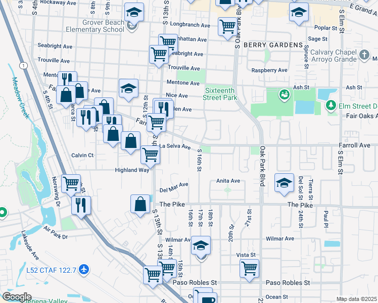 map of restaurants, bars, coffee shops, grocery stores, and more near 1180 Marbella Court in Grover Beach