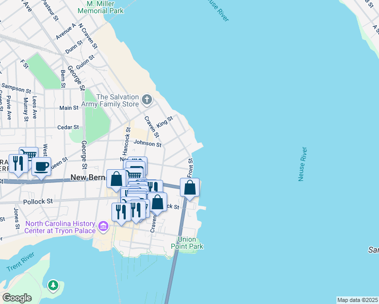 map of restaurants, bars, coffee shops, grocery stores, and more near 514 East Front Street in New Bern