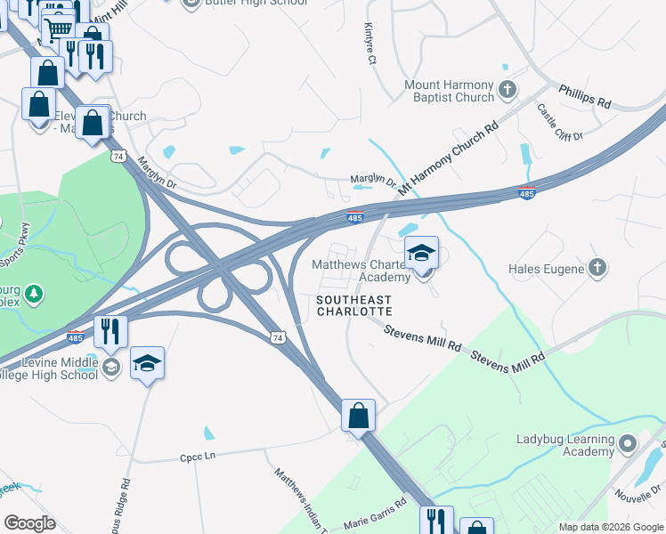 map of restaurants, bars, coffee shops, grocery stores, and more near 3117 Glenn Hope Way in Matthews