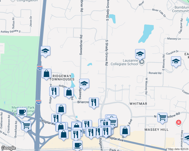 map of restaurants, bars, coffee shops, grocery stores, and more near 6055 Wood Way Drive in Memphis