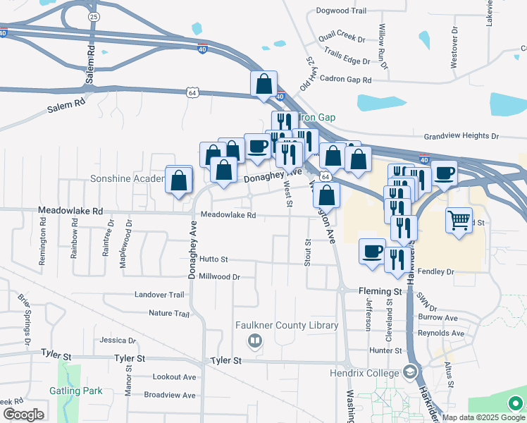 map of restaurants, bars, coffee shops, grocery stores, and more near 2400 Market Plaza Drive in Conway