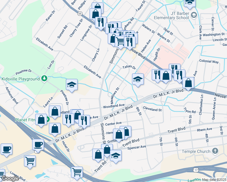 map of restaurants, bars, coffee shops, grocery stores, and more near 911 Meadows Street in New Bern