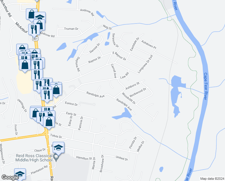 map of restaurants, bars, coffee shops, grocery stores, and more near 314 Myers Court in Fayetteville