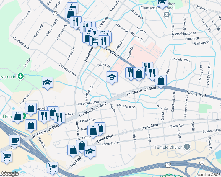 map of restaurants, bars, coffee shops, grocery stores, and more near 2000 Doctor Martin Luther King Junior Boulevard in New Bern