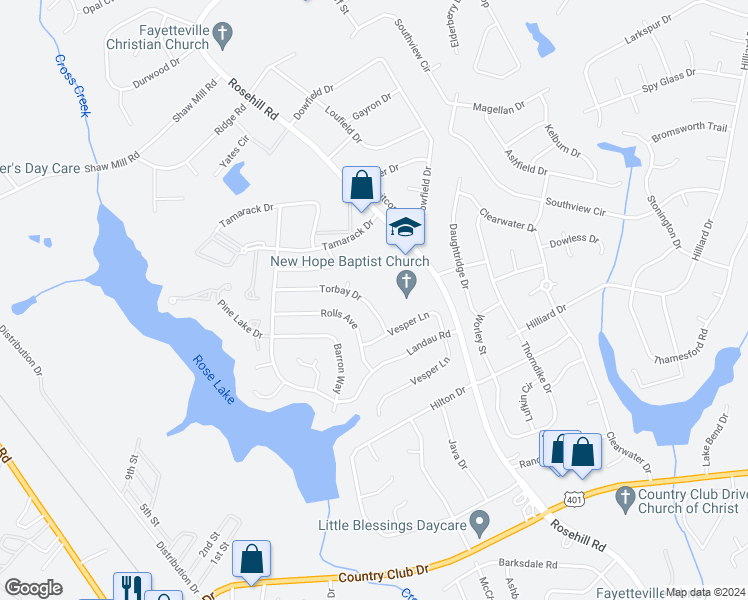 map of restaurants, bars, coffee shops, grocery stores, and more near 3516 Torbay Drive in Fayetteville