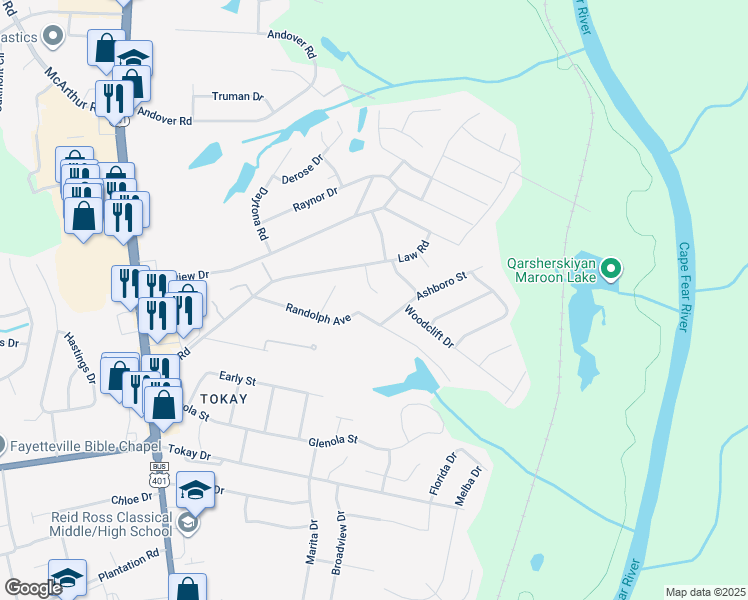map of restaurants, bars, coffee shops, grocery stores, and more near 314 Myers Court in Fayetteville
