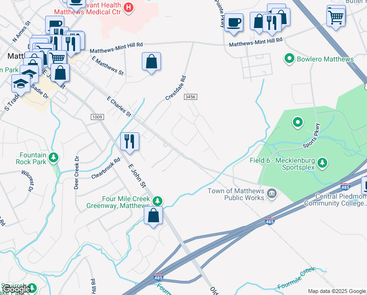 map of restaurants, bars, coffee shops, grocery stores, and more near 344 Amir Circle in Matthews