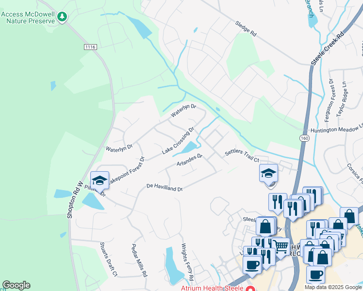 map of restaurants, bars, coffee shops, grocery stores, and more near 14305 Lake Crossing Drive in Charlotte