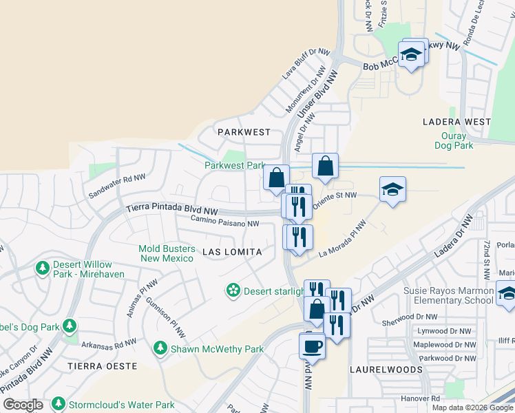 map of restaurants, bars, coffee shops, grocery stores, and more near 2200 Brookstone Drive Northwest in Albuquerque
