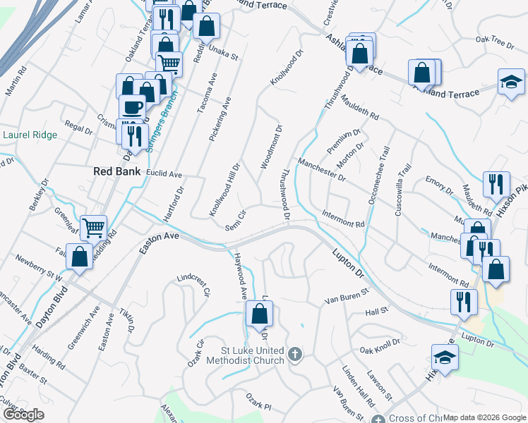 map of restaurants, bars, coffee shops, grocery stores, and more near 3631 Knollwood Drive in Chattanooga