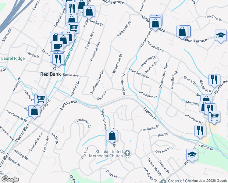 map of restaurants, bars, coffee shops, grocery stores, and more near 3631 Knollwood Drive in Chattanooga