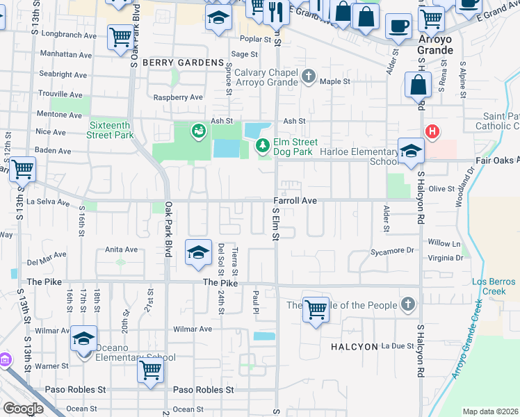 map of restaurants, bars, coffee shops, grocery stores, and more near 1205 Farroll Avenue in Arroyo Grande