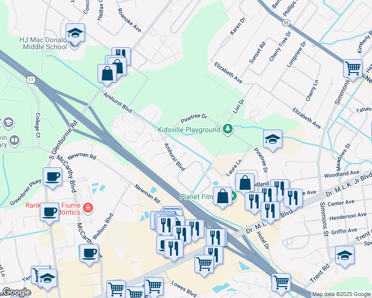 map of restaurants, bars, coffee shops, grocery stores, and more near 709 East Hightree Lane in New Bern