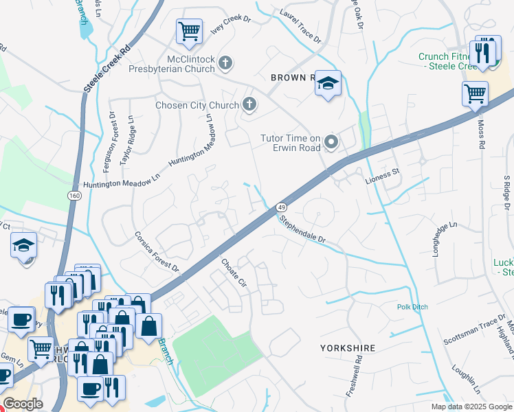 map of restaurants, bars, coffee shops, grocery stores, and more near 12100 South Tryon Street in Charlotte