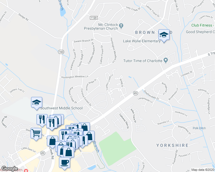map of restaurants, bars, coffee shops, grocery stores, and more near 13821 Tranters Creek Lane in Charlotte
