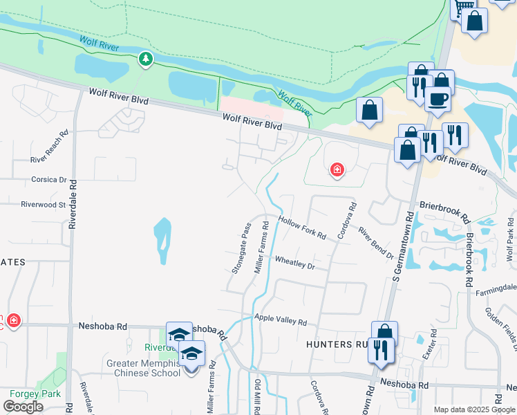 map of restaurants, bars, coffee shops, grocery stores, and more near 1435 Stonegate Pass in Memphis