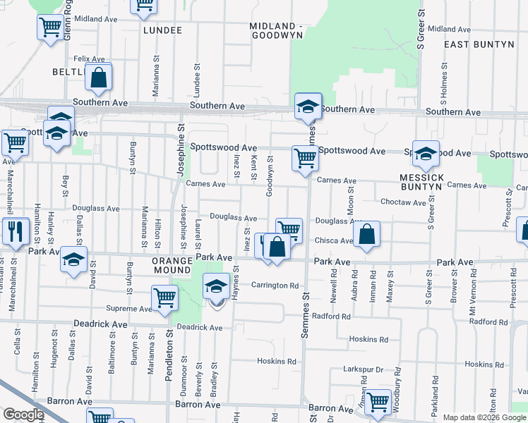 map of restaurants, bars, coffee shops, grocery stores, and more near 787 Goodwyn Street in Memphis