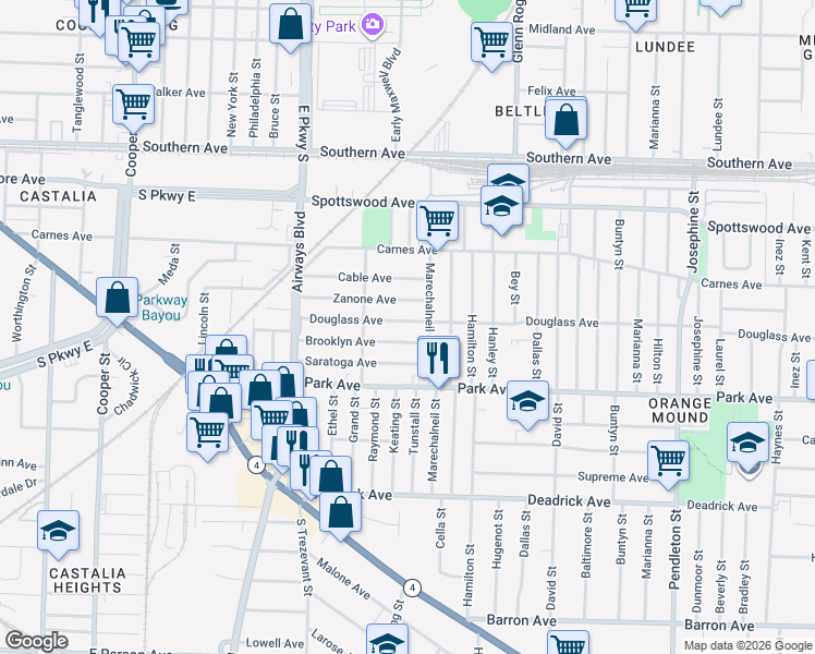 map of restaurants, bars, coffee shops, grocery stores, and more near 2450 Douglass Avenue in Memphis