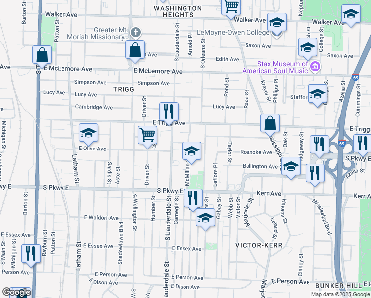 map of restaurants, bars, coffee shops, grocery stores, and more near 1340 McMillan Street in Memphis