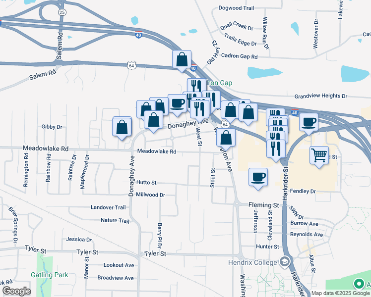 map of restaurants, bars, coffee shops, grocery stores, and more near 2400 Market Plaza Drive in Conway