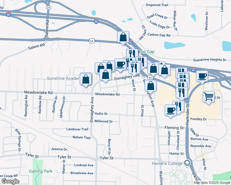 map of restaurants, bars, coffee shops, grocery stores, and more near 1950 Meadowlake Or Ott Memorial in Conway