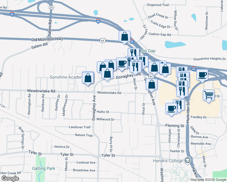 map of restaurants, bars, coffee shops, grocery stores, and more near 1950 Meadowlake Or Ott Memorial in Conway