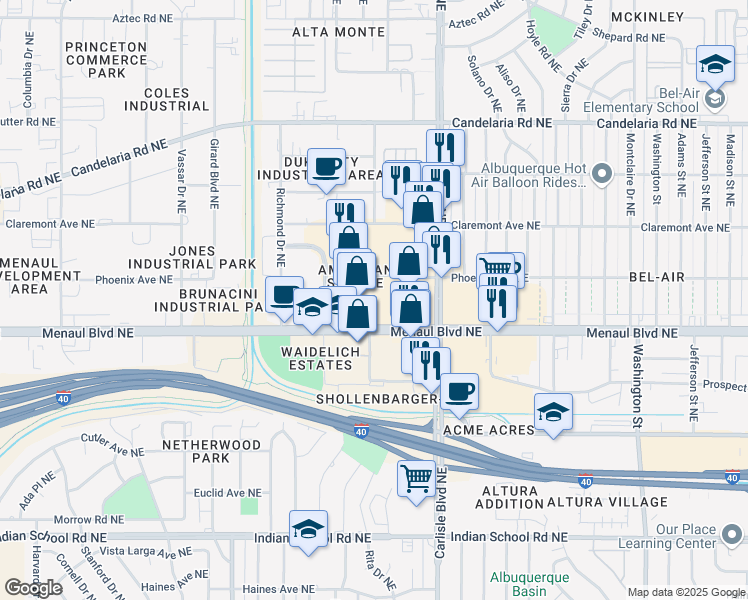 map of restaurants, bars, coffee shops, grocery stores, and more near 3538-3552 Phoenix Avenue Northeast in Albuquerque