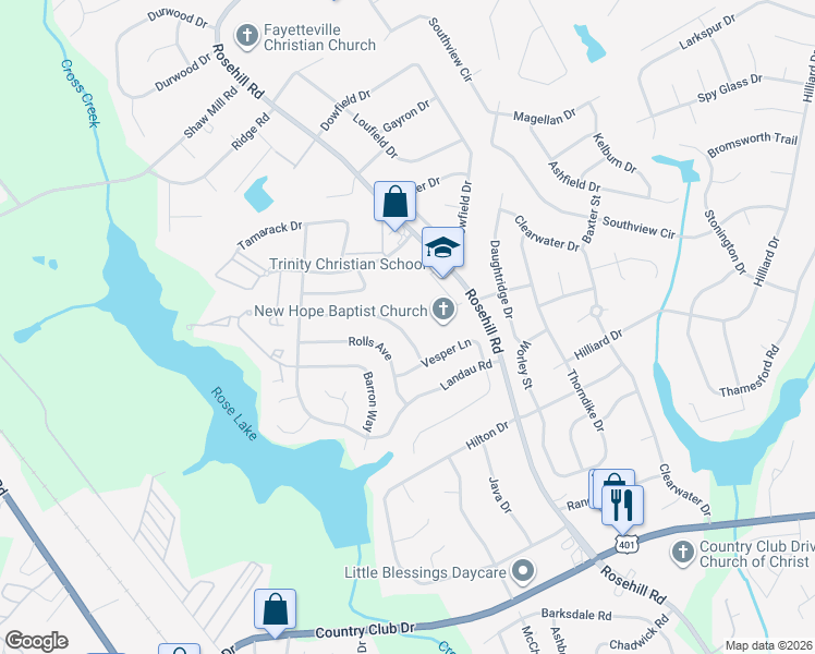 map of restaurants, bars, coffee shops, grocery stores, and more near 3516 Torbay Drive in Fayetteville