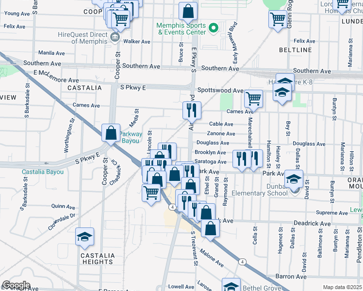 map of restaurants, bars, coffee shops, grocery stores, and more near 2314 Brooklyn Avenue in Memphis